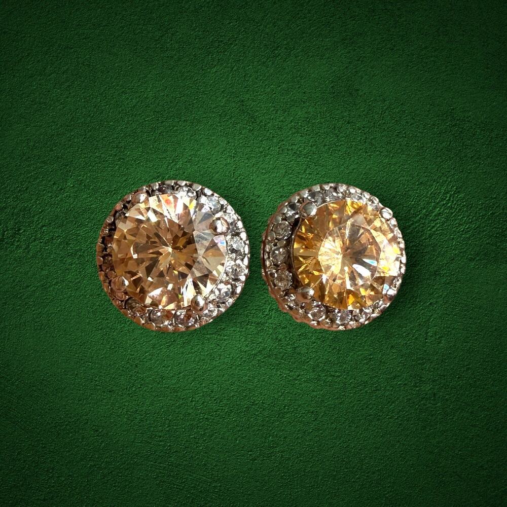 925 Sterling Silver Champagne CZ Round Halo Stud Earrings 10mm